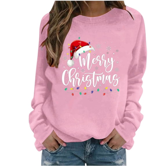 Enjoytime Crew Neck Sweatshirts Women Cute Printed Long Sleeve Pullover Tops Xmas Holiday Casual Fashion Clothing Pink M