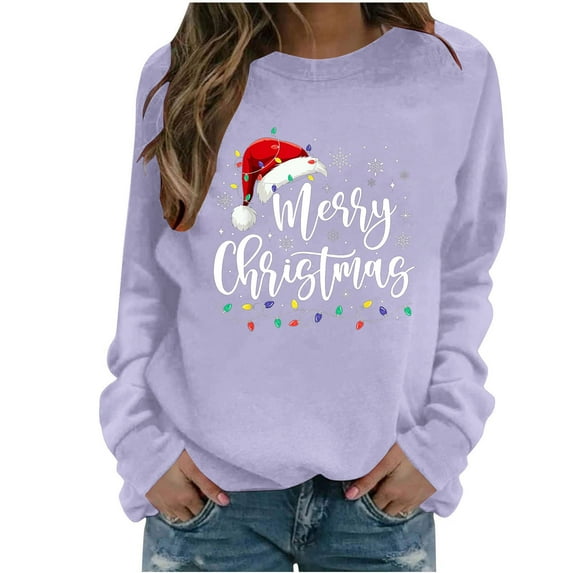 Enjoytime Crew Neck Sweatshirts Women Cute Printed Long Sleeve Pullover Tops Xmas Holiday Casual Fashion Clothing Purple XL