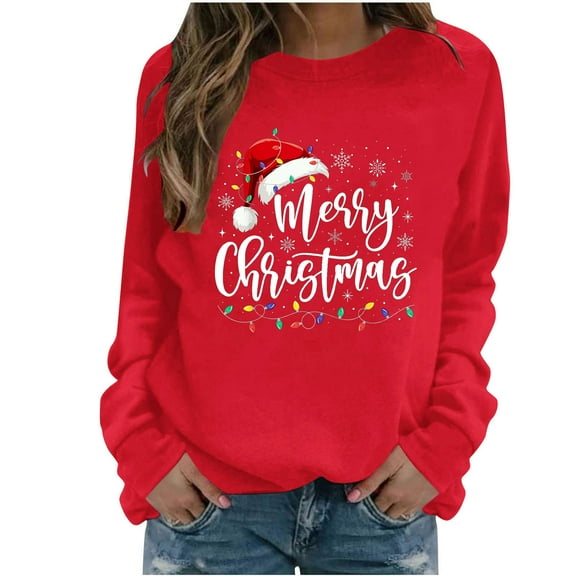 Enjoytime Crew Neck Sweatshirts Women Cute Printed Long Sleeve Pullover Tops Xmas Holiday Casual Fashion Clothing Red L
