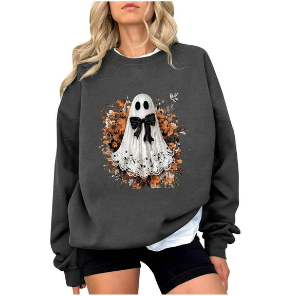 Enjoytime Crew Neck Sweatshirts Women Cute Spooky Printed Long Sleeved Casual Blouses 2025 Fashion Pullover Tops