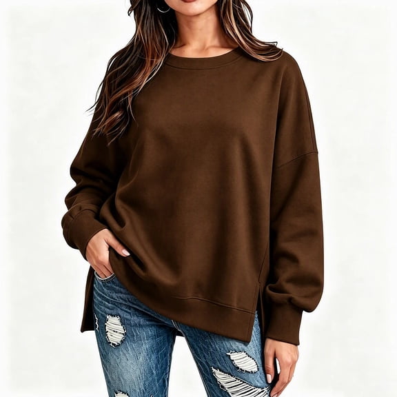 Enjoytime Crew Neck Sweatshirts Women Long Sleeve Solid Pullover Top Trendy Comfy Loose Casual Fall Winter Clothes