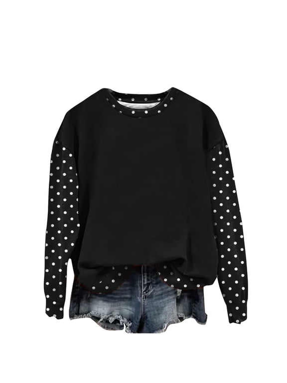 Crew Neck Sweatshirts Women Polka Dots Patchwork Long Sleeve Pullover Tops Cozy Trendy Work Casual Sweatshirt