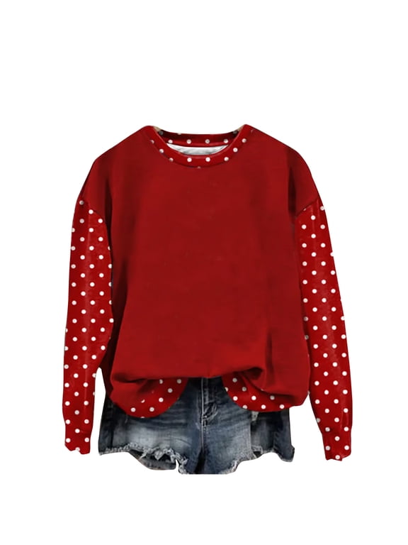 Crew Neck Sweatshirts Women Polka Dots Patchwork Long Sleeve Pullover Tops Cozy Trendy Work Casual Sweatshirt