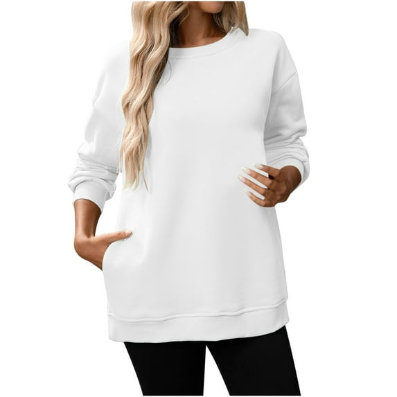 Enjoytime Crew Neck Sweatshirts Women Solid Color Long Sleeve Pullover Tops Casual Loose 2025 Fall Winter Clothing with Pockets White M