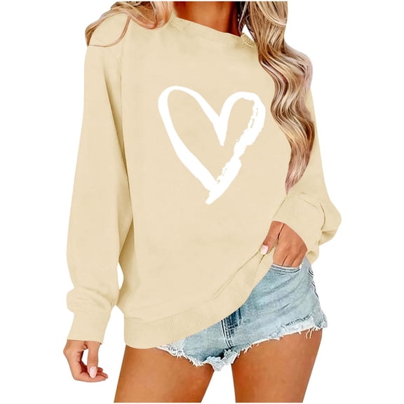 Enjoytime Crew Neck Sweatshirts Women Valentine Lover Heart Printed Long Sleeve Tops Lightweight Fashion Casual Blouses 2026 Beige M