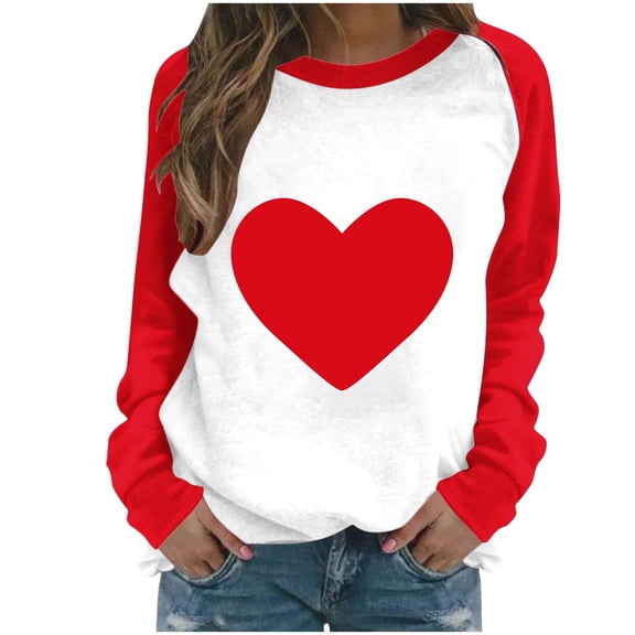 Enjoytime Crew Neck Sweatshirts Women Valentines Day Heart Print Long Sleeve Tops Fashion Casual Cute Pullover Sweatshirt Red M