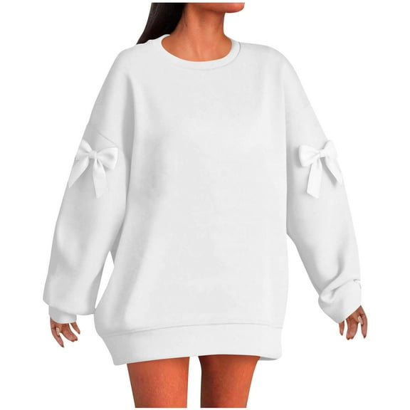 Enjoytime Crewneck Sweatshirts Women Bow Printed Long Sleeve Tops Holiday Casual Loose Pullover Sweatshirt Fall Winter Plus Size Womens Clothing White XXL