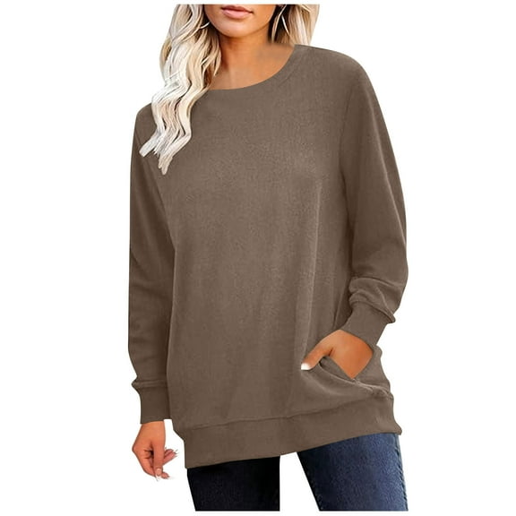 Enjoytime Crewneck Sweatshirts Women Casual Solid Color Long Sleeve Tops Comfy Loose Lightweight Pullover Sweatshirt Brown S