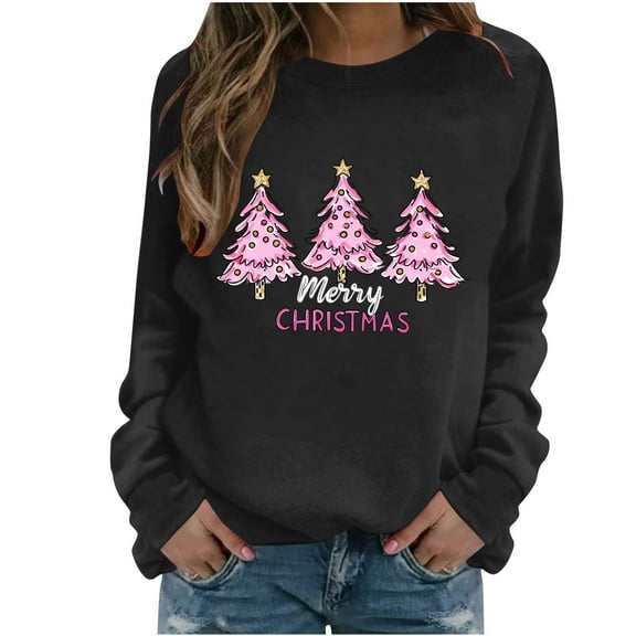 Enjoytime Crewneck Sweatshirts Women Christmas Tree Printed Long Sleeve Pullover Tops Fall Winter Fashion Clothing Black S