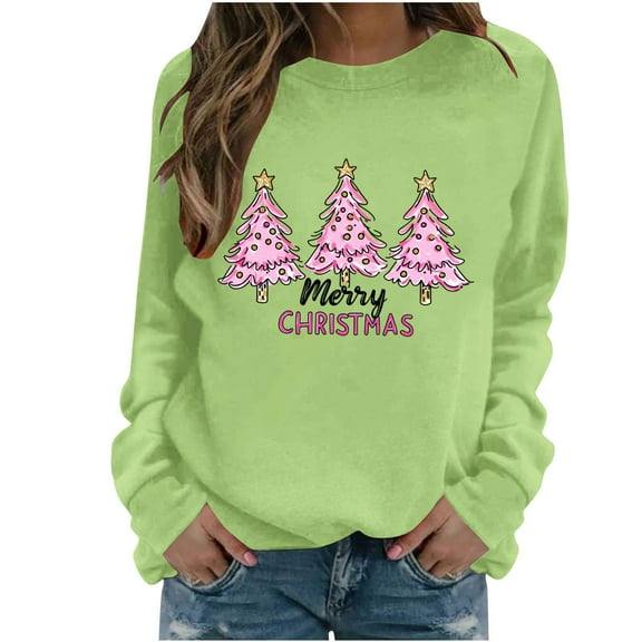 Enjoytime Crewneck Sweatshirts Women Christmas Tree Printed Long Sleeve Pullover Tops Fall Winter Fashion Clothing Green L