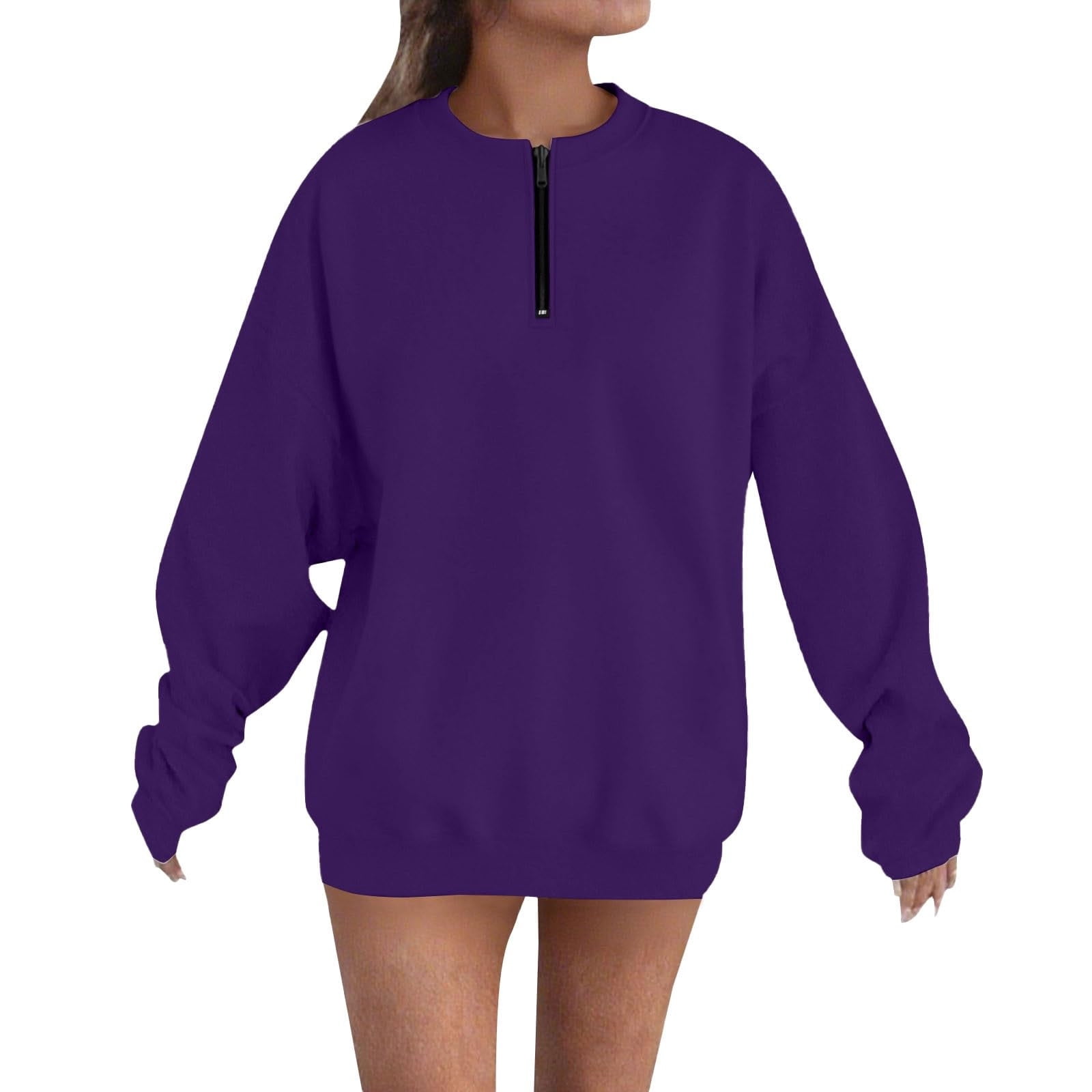 Women Casual Solid Color Crewneck Long Sleeve Split Blank Sweatshirt
