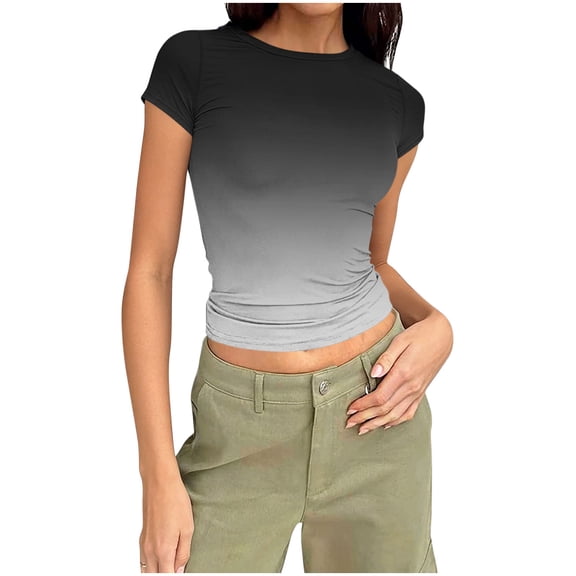 Enjoytime Crop Tops for Women Gradient Printed Round Neck Short Sleeve Shirt Summer Casual Cute Trendy Plus Size Blouse Black S