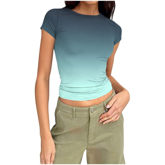 Enjoytime Crop Tops for Women Gradient Printed Round Neck Short Sleeve Shirt Summer Casual Cute Trendy Plus Size Blouse Green S