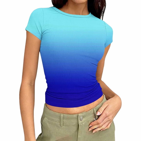 Enjoytime Crop Tops for Women Gradient Round Neck Short Sleeve Blouses Slim Tight Fashion Casual Spring Summer Shirts Blue L