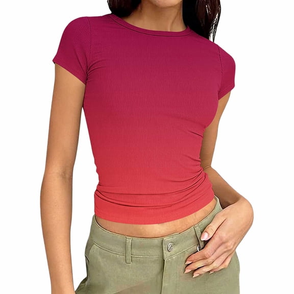 Enjoytime Crop Tops for Women Gradient Round Neck Short Sleeve Blouses Slim Tight Fashion Casual Spring Summer Shirts Hot Pink L