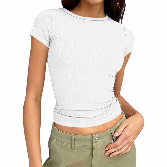 Enjoytime Crop Tops for Women Solid Color Round Neck Short Sleeve Shirts Spring Summer Slim Tight Fitting Casual Blouses White M