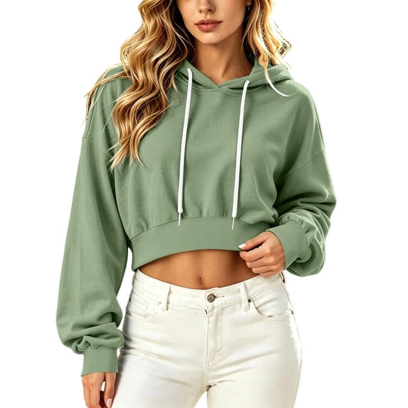 Enjoytime Cropped Hoodies for Women Fall Fashion Long Sleeve Pullover Hoodie Solid Lightweight Workout Casual Sweatshirt