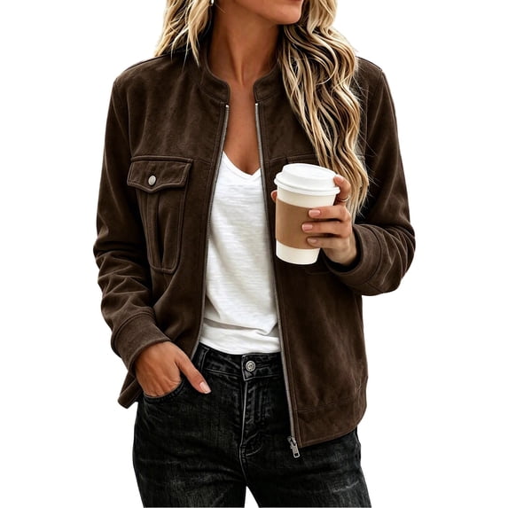 Enjoytime Cropped Jackets for Women Fall Fashion Long Sleeve Zip Up Jacket Plus Size Trendy Vintage Work Casual Outerwear