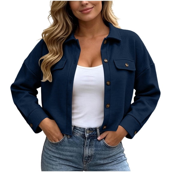 Enjoytime Cropped Jackets for Women Lapel Long Sleeve Button Down Shacket Fall Fashion Lightweight Trendy Casual Outerwear