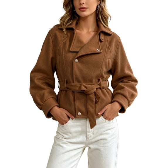 Enjoytime Cropped Jackets for Women Long Sleeve Notch Lapel Belted Short Trench Coat Fall Fashion Trendy Work Casual Outerwear