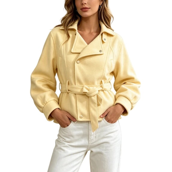 Enjoytime Cropped Jackets for Women Long Sleeve Notch Lapel Belted Short Trench Coat Fall Fashion Trendy Work Casual Outerwear