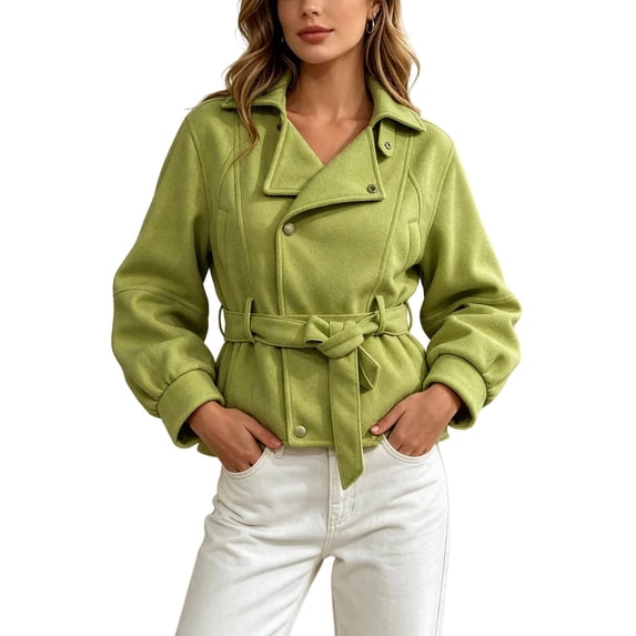 Enjoytime Cropped Jackets for Women Long Sleeve Notch Lapel Belted Short Trench Coat Fall Fashion Trendy Work Casual Outerwear