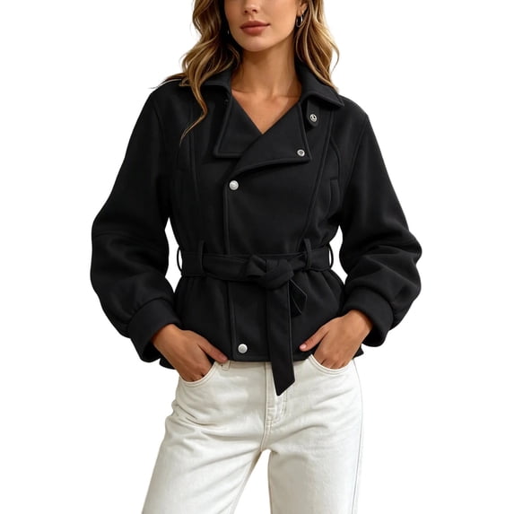 Enjoytime Cropped Jackets for Women Long Sleeve Notch Lapel Belted Short Trench Coat Fall Fashion Trendy Work Casual Outerwear