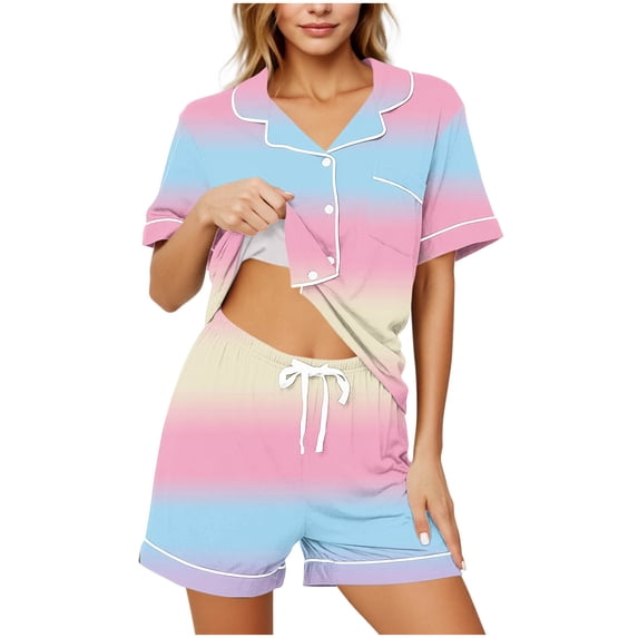 Enjoytime Cute Pajama Sets for Women Print Comfy 2 Piece Sleepwear Short Sleeve Button Down Shirts with Shorts Loungewear Set