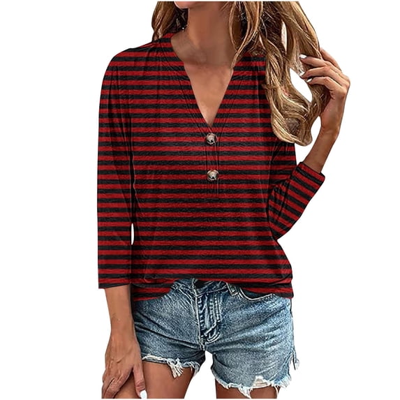 Enjoytime Cute Shirts for Women Striped Print V Neck 3/4 Length Tops Fashion Color Block Casual Loose Pullover Womens Blouse Tops