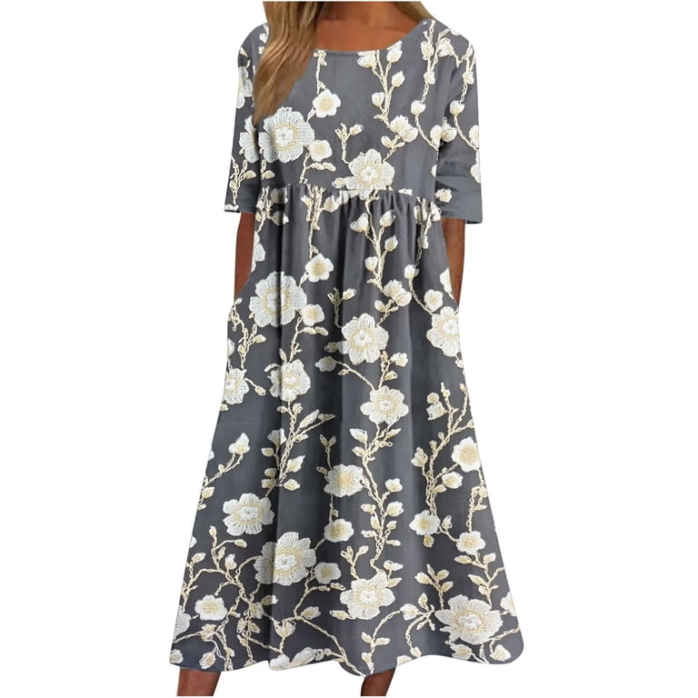 knee length dresses for ladies Blue and Ivory Print Midi Summer Dress with Buttons PromGirl