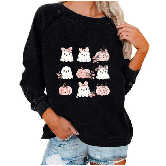 Enjoytime Cute Tops for Women Halloween Printed Long Sleeve Round Neck Loose Blouse Casual Fall Winter Shirt Black M