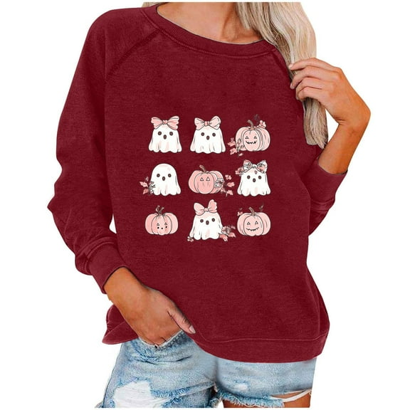 Enjoytime Cute Tops for Women Halloween Printed Long Sleeve Round Neck Loose Blouse Casual Fall Winter Shirt Wine S