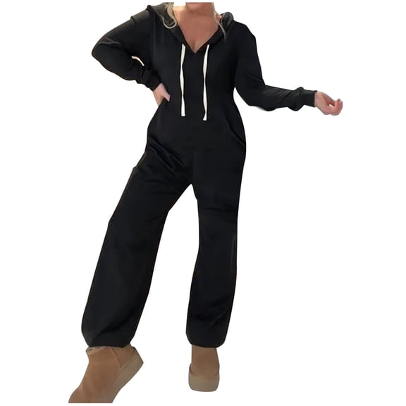Enjoytime Cute Winter Outfits for Women Solid Color V Neck Hoodie Jumpsuit Casual Fashion Loungewear Sets Woman Plus Size Clothes Black XXL