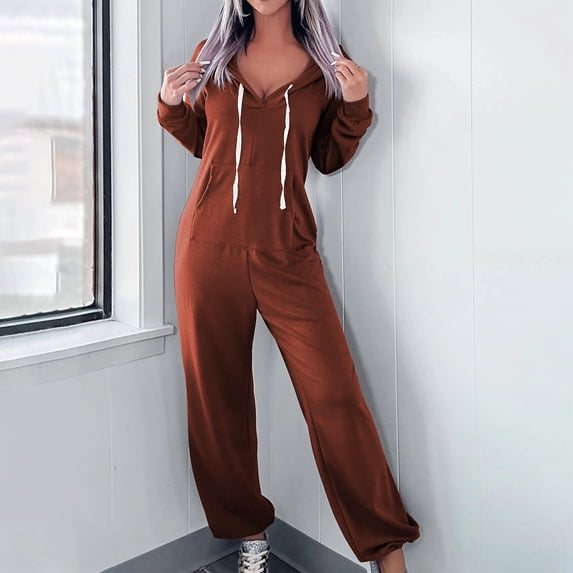 Enjoytime Cute Winter Outfits for Women Solid Color V Neck Hoodie Jumpsuit Casual Fashion Loungewear Sets Woman Plus Size Clothes Brown M