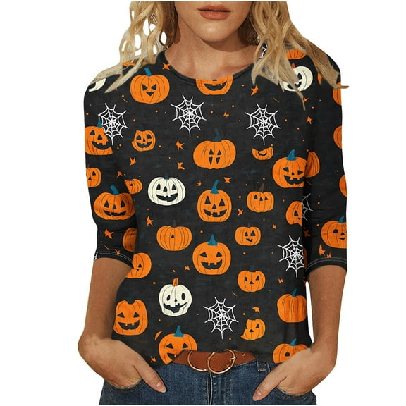 Enjoytime Cute Womens Tops Halloween Pumpkin Printed 3/4 Sleeve Blouse Casual Loose Round Neck Shirt Fall Winter Plus Size Clothes for Women