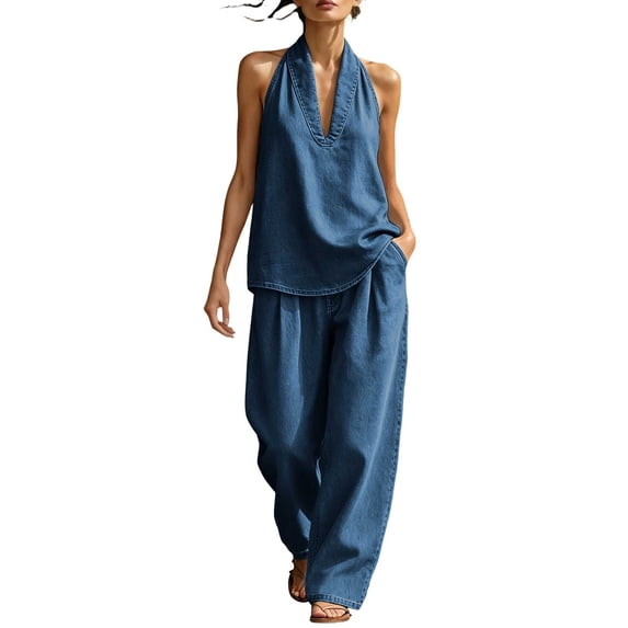 Enjoytime Denim 2 Piece Sets for Women V-Neck Short Sleeve Tops Pants Matching Set Travel Casual Plus Size Outfits