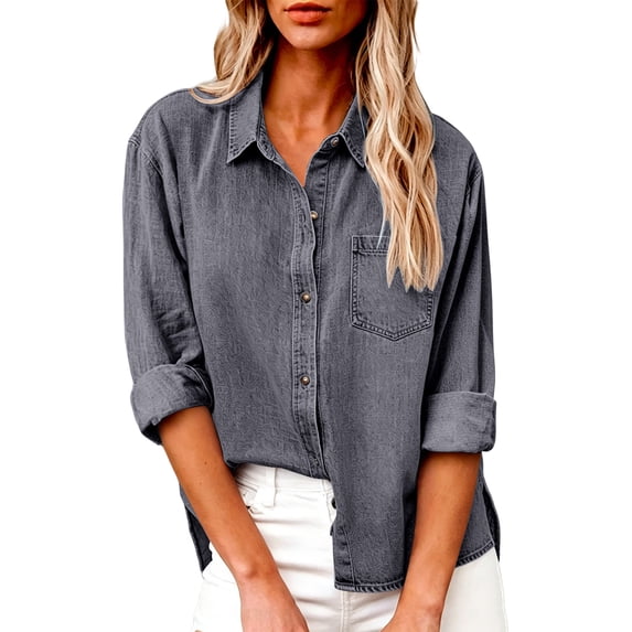 Enjoytime Denim Blouses for Women Dressy Casual Collared Button Down Shirts Fall Trendy Long Sleeve Tops
