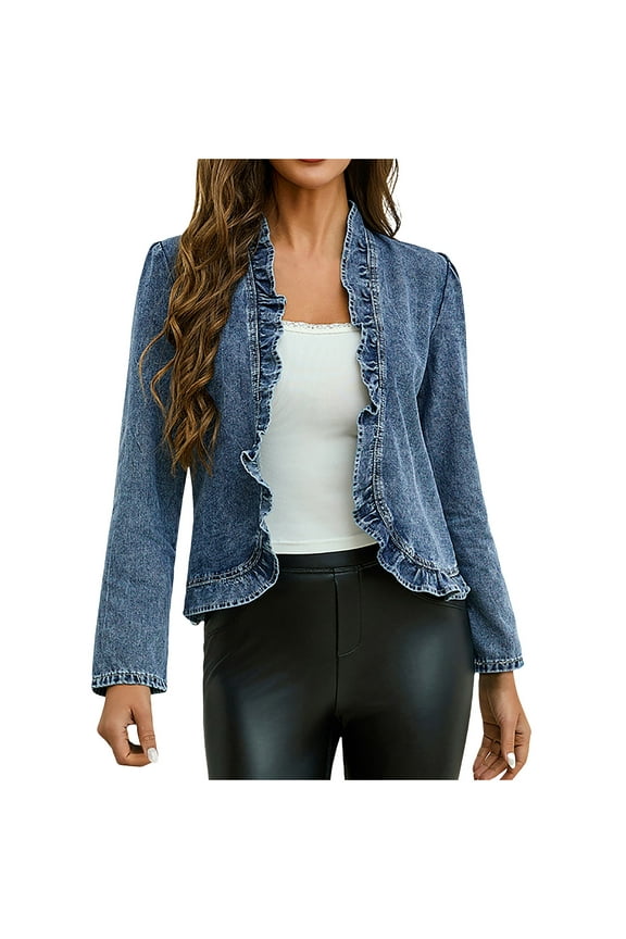 Denim Jacket For Women Ruffled Open Front Long Sleeve Jean Jackets Lightweight Trendy Cropped Coat