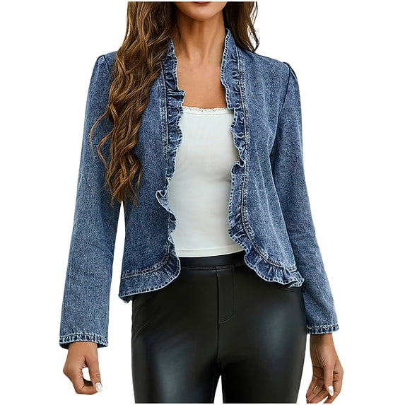 Enjoytime Denim Jacket For Women Ruffled Open Front Long Sleeve Jean Jackets Lightweight Trendy Cropped Coat