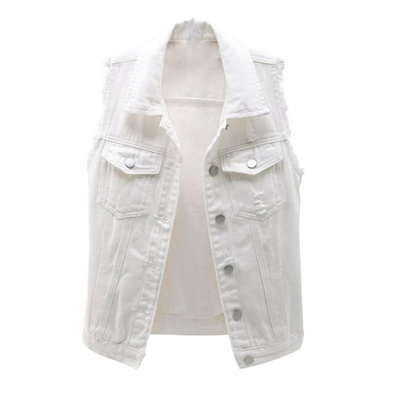 Enjoytime Denim Jacket for Women Solid Color Sleeveless Button Down Crop Outerwear Casual Loose Womens Coats White XL