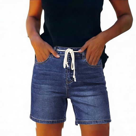 Enjoytime Denim Shorts Women Summer Casual Drawstring Elastic Waist Trendy Plus Size Jean Shorts with Pockets