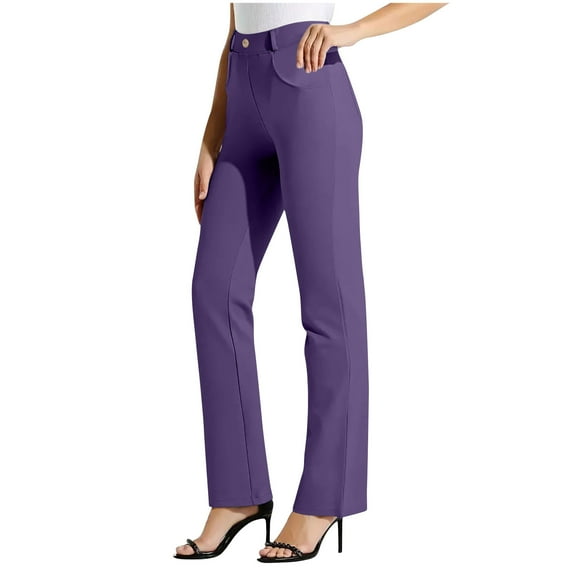 Enjoytime Dress Pants Women Solid Color Elastic Waist Stretch Straight Leg Trousers Office Business Casual Work Pants Purple S