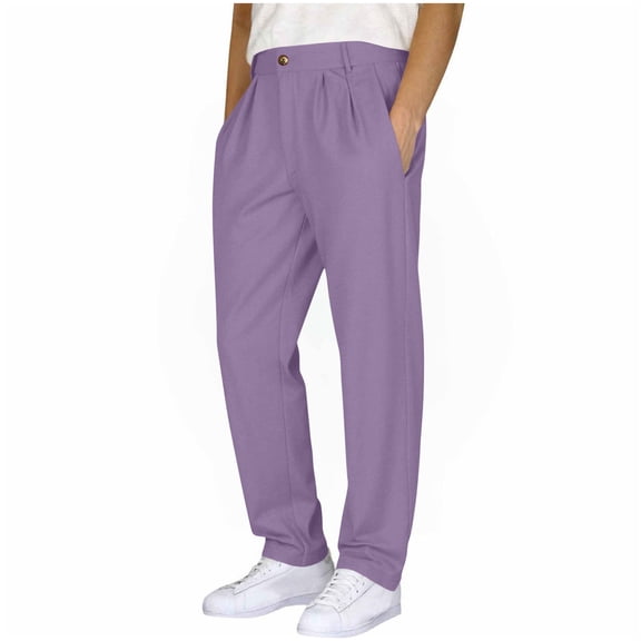 Enjoytime Dress Pants for Men Solid Color Straight Leg Plus Size Pants Work Business Casual Trousers with Double Pleated and Front Pocket Purple L
