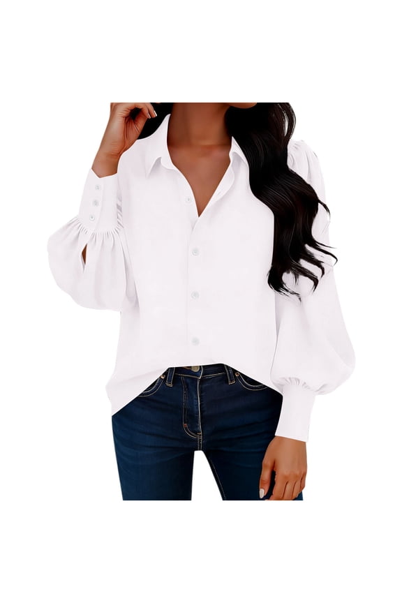 Dress Shirts for Women Solid Color Long Sleeve Collar Button Down Blouses Office Work Business Casual Tops White XL
