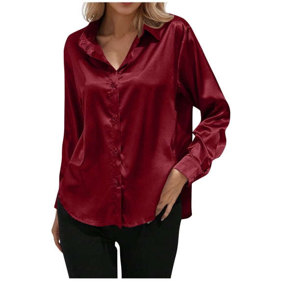 Enjoytime Dress Shirts for Women Solid Color Turndown Collar Button Down Blouses Trendy Business Work Casual Long Sleeve Tops Wine S