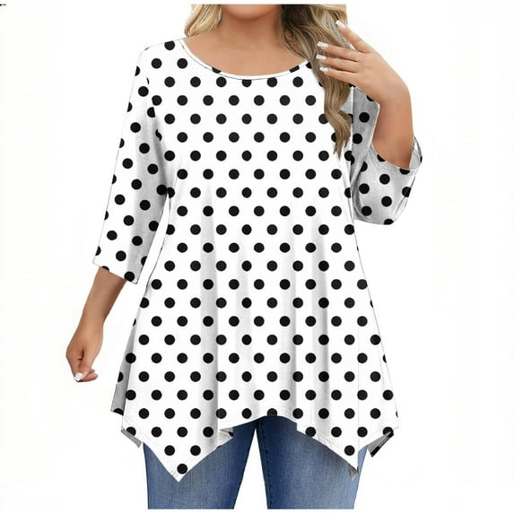 Enjoytime Women Blouses Polka Dots Round Neck 3/4 Sleeve Tops Business Casual Plus Size Shirts for Women Fashion Fall Winter Clothes 2025 White XXL