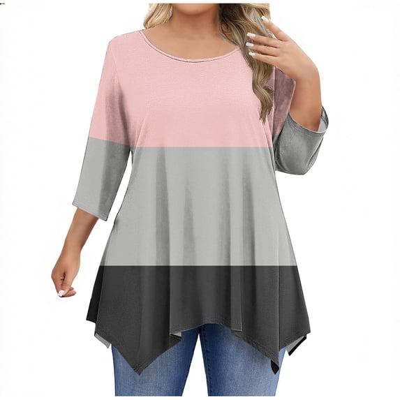 Enjoytime Blouses for Women Dressy Casual Patchwork Round Neck 3/4 Sleeve Shirts Business Work Plus Size Tops Fashion Fall Winter Clothes Pink L