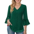 thumbnail image 1 of Enjoytime Dress Shirts for Women Solid Color V-Neck Ruffled 3/4 Sleeve Tops Party Concert Elegant Sparkle Glitter Blouse Green M, 1 of 5