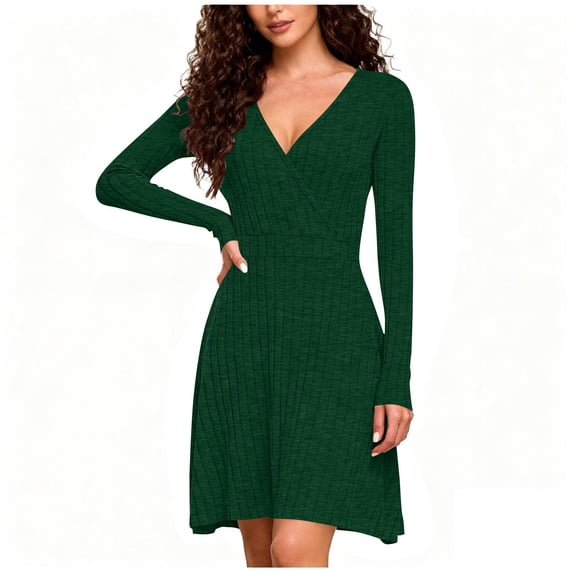 Enjoytime Dress for Women Solid Color V-Neck A-Line Long Sleeve Dress Fashion Casual Business Work Midi Dress