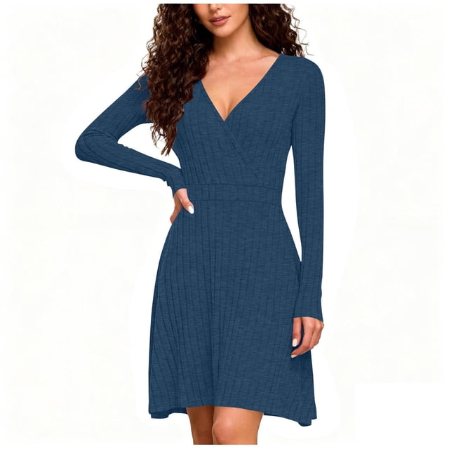 Enjoytime Dress for Women Solid Color V-Neck A-Line Long Sleeve Dress Fashion Casual Business Work Midi Dress